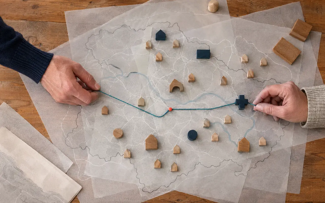 Holzmodelle, Karten und eine Wirkungslinie verbinden regionale Planung mit konkreten Massnahmen.